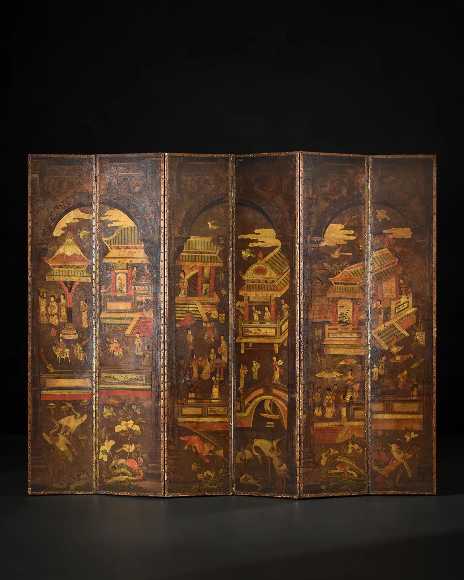 Rare Early 18th Century English Chinoiserie-Painted Leather Six-Panel Screen