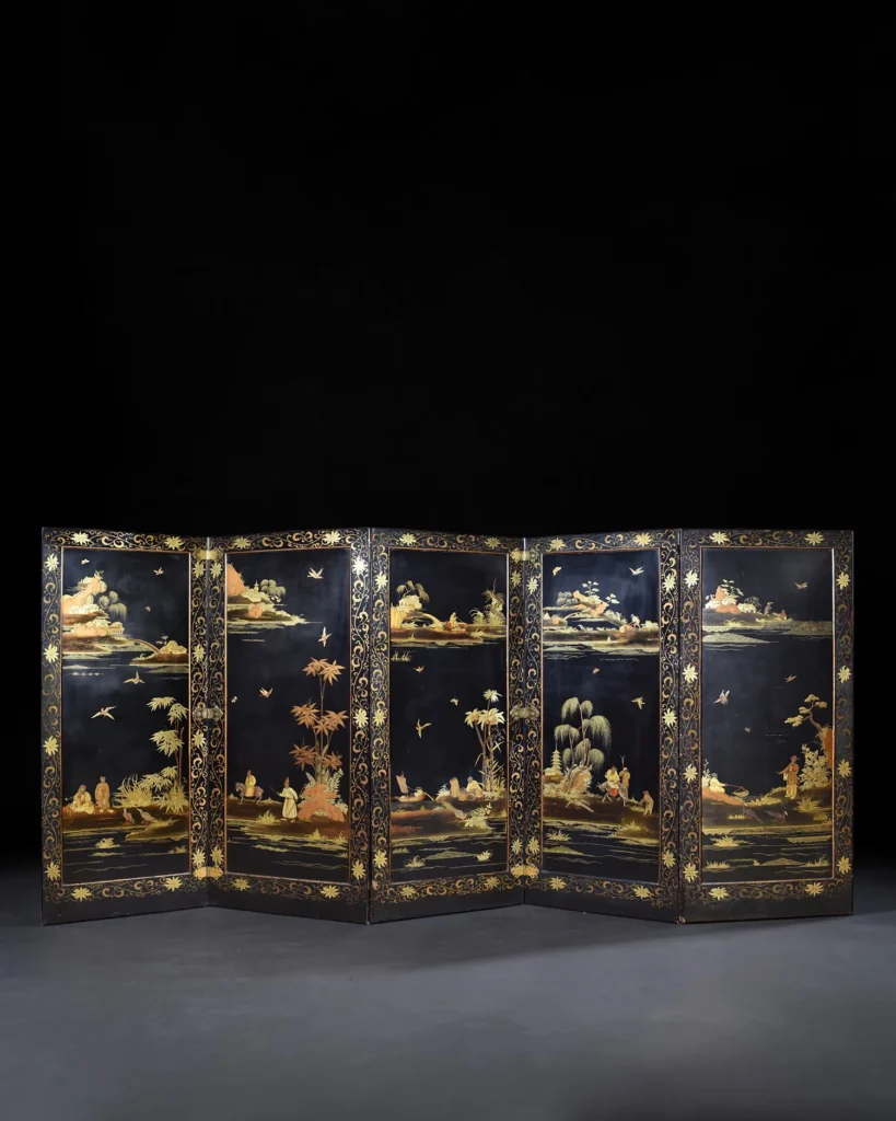 Rare Regency Double-Sided Black-Japanned Five-Panel Screen