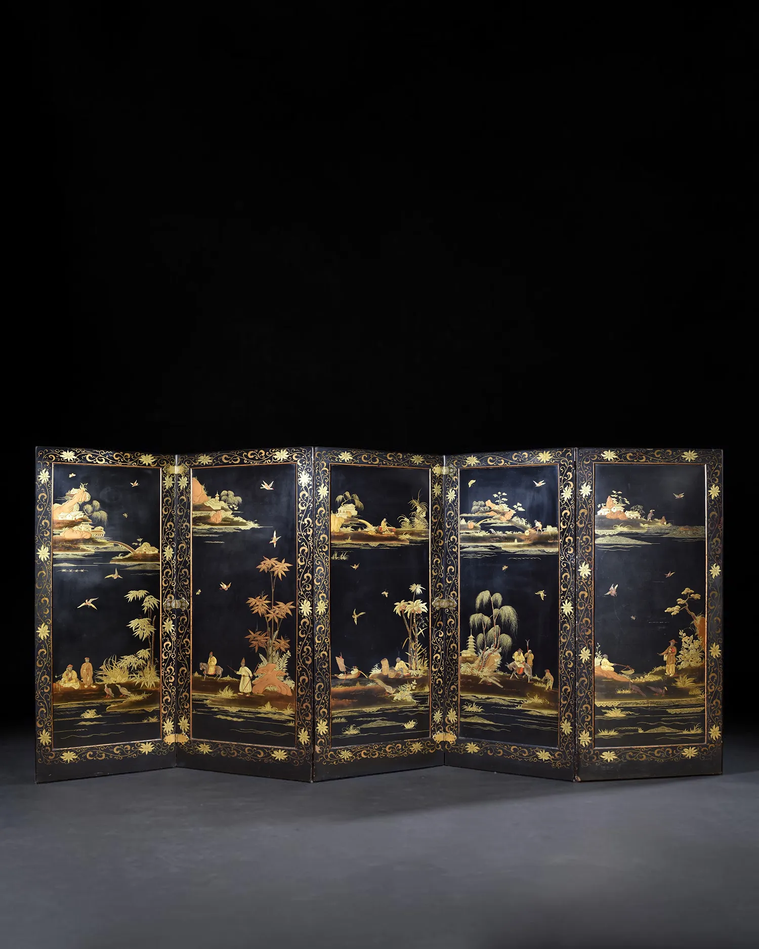 Rare Regency Double-Sided Black-Japanned Five-Panel Screen