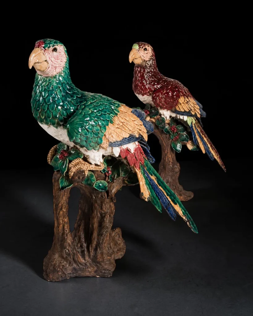Rare Pair of Continental Majolica Parrots