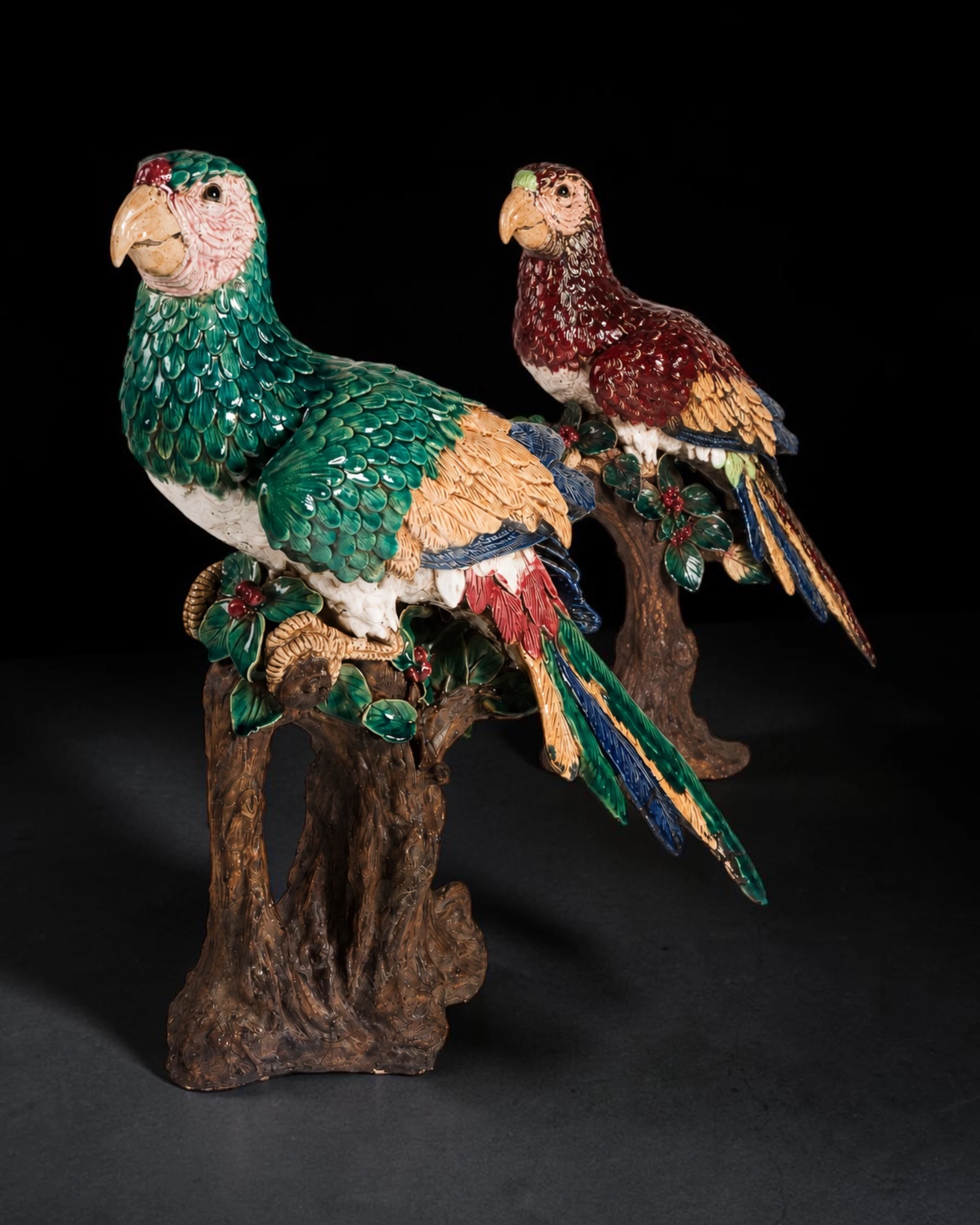 Rare Pair of Continental Majolica Parrots